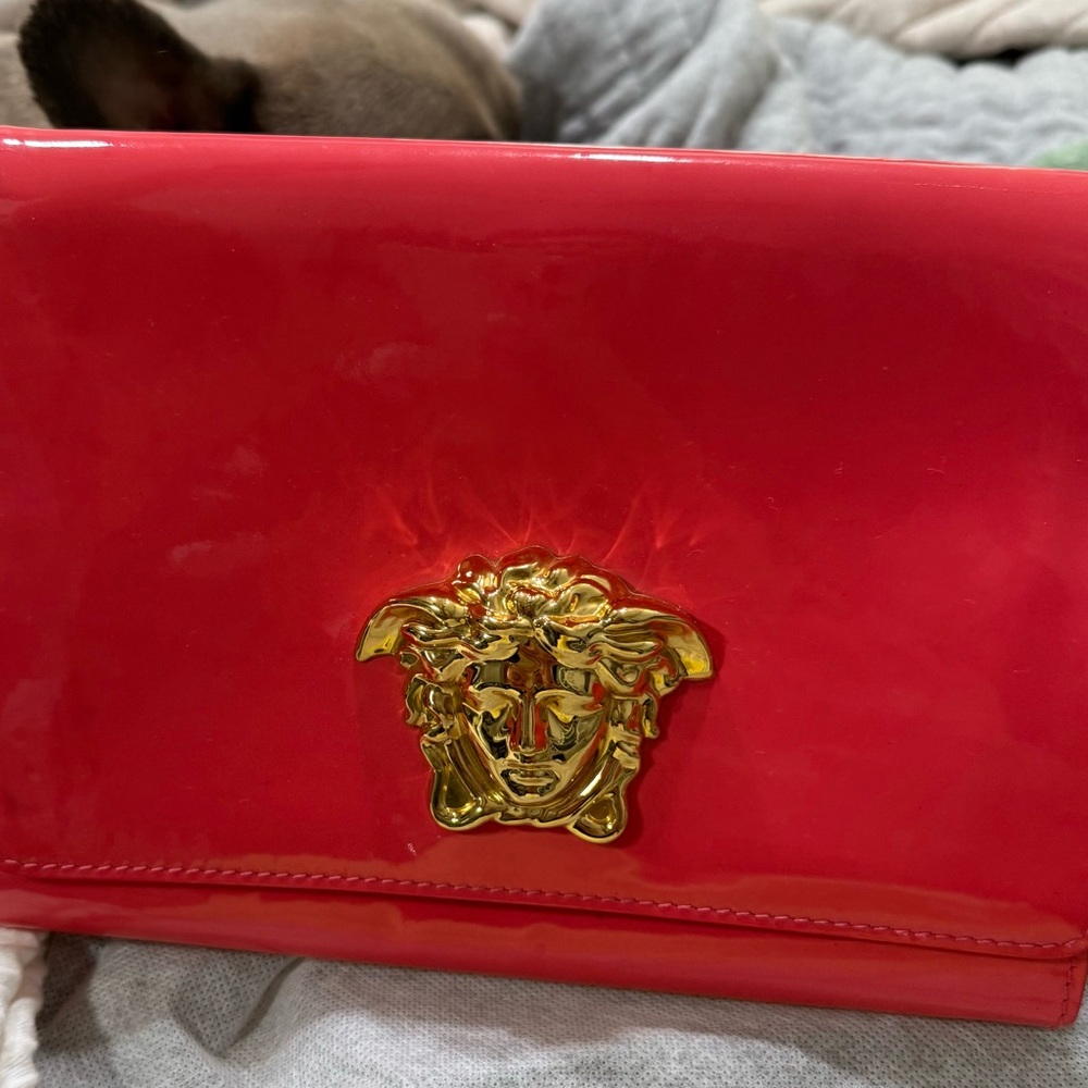 Versace Glossy Red Clutch with Gold Medusa